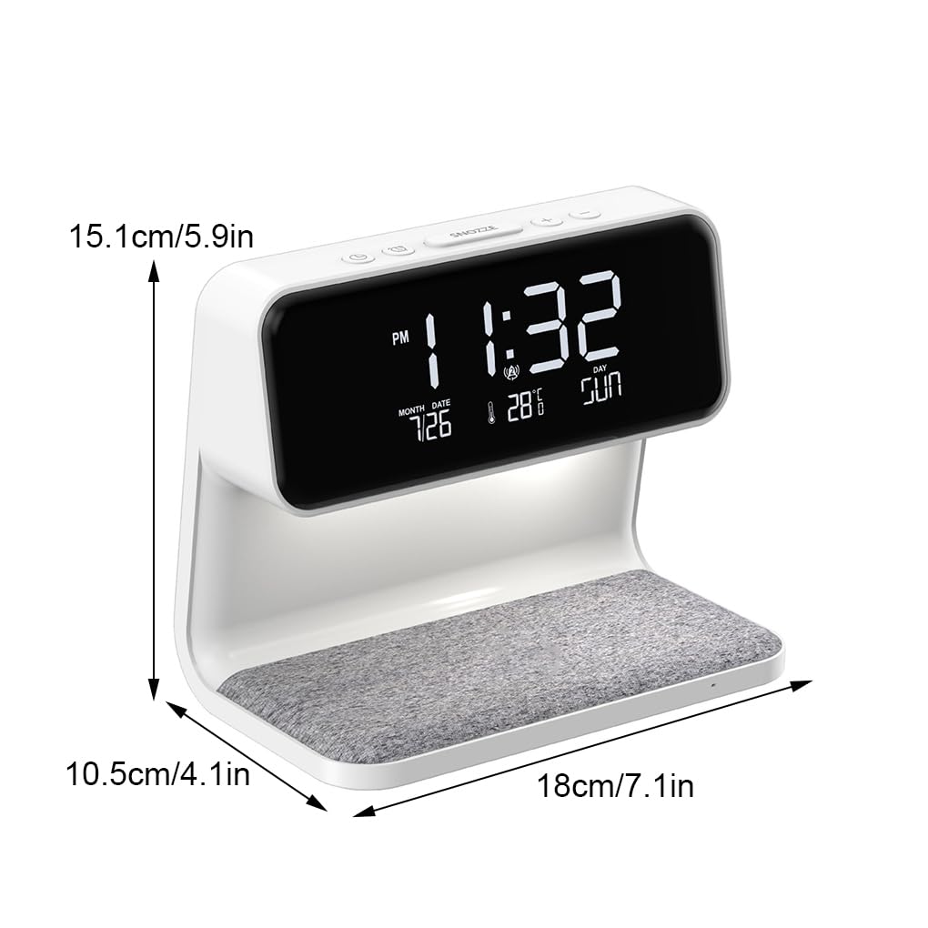 Lampada sveglia intelligente bianca Caricatore wireless Orologio Comodino intelligente Allarme allegro Comodino digitale senza fili Nitido