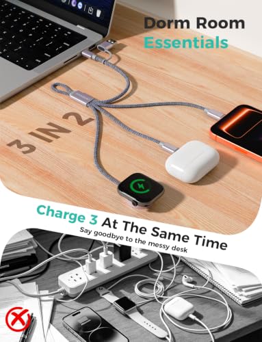 Image of Travel Essentials,3 in 2 USB C Cable for Apple Watch Charger,iPhone Charger,Multi Charging Cable,Cruise Vacation Camping Essentials,Portable for iWatch Series 11-2 /Ultra /SE & iPhone 17-12,Car,0.7FT