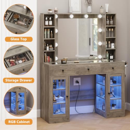 Image of Grey Vanity Desk with Mirror and Lights, Glass Top Vanity with Lighted Mirror & RGB Glass Cabinet and 3 Drawers, Farmhouse Makeup Vanity Desk with Lights Dressing Table for Bedroom, 3 Color Modes