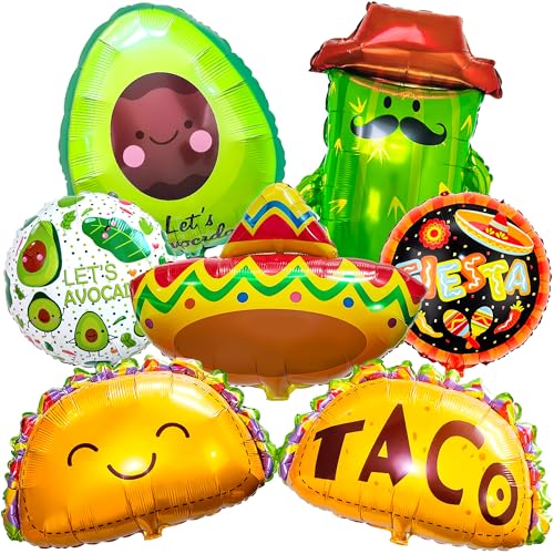 7PCS Mexican Fiesta Balloons Taco Avocado Cactus Sombrero Foil Balloons for Cinco de Mayo Party Decorations Taco Theme Birthday Fiesta Party Supplies