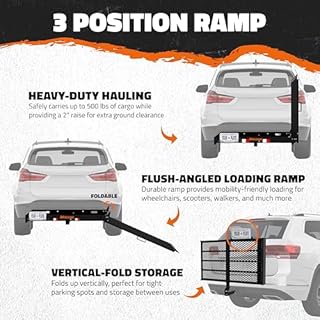 Mockins 48"x28.5"x4" Folding Trailer Hitch Cargo Carrier with Ramp for Wheelchair | 500 lbs Cap Heavy-Duty Mobility Scooter Carrier for Car 2" Hitch Receiver w/Plate Bracket, Stabilizer, & Straps