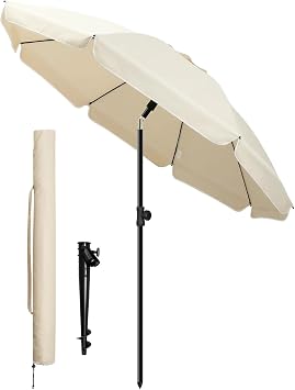 VOUNOT  2m Tilting Garden Parasol with Ground Anchor, Beach Umbrella with Carry Bag, UV 50+, Adjustable Outdoor Parasol for Patio, Deck & Table, Beige