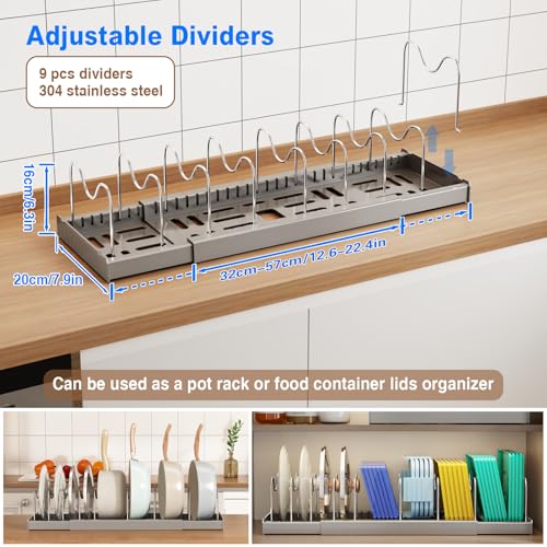 Image of Pan Organizer Rack for Kitchen Pot Holder Expandable Utensils Organiser with 9 Adjustable Dividers Pot and Pan Holder Racks for Cabinet Countertop Gray