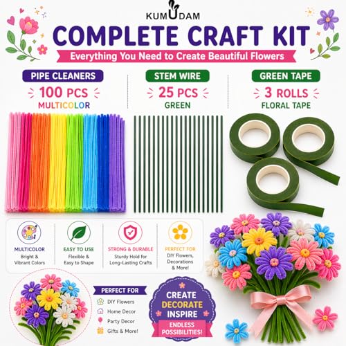 Image of Pipe Cleaners for Craft Flower Making Set, Fuzzy Chenille Stems and Fluffy Sticks with Floral Tape and Wire, for Kids Arts and Crafts (pipe cleaners-100 /stem wire-25 /green tape-3)
