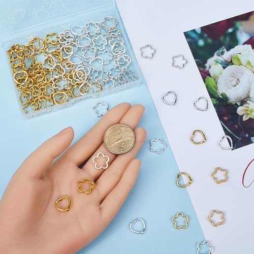 SOFPLATE 1 Box 120Pcs 4 Styles Flower Bead Frames Metal Bead Frame Silver with Double Holes Tibetan Style Alloy Gold Heart Blossom Link Connector for Jewelry Making Beading Earring DIY Craft Accessory - Image 3