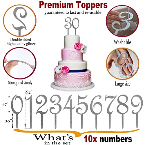 Silver Happy Birthday Cake Topper Numbers - Set Of 10 Acrylic Cake Toppers, Cake Decorations For All Ages - Happy Birthday Cake Toppers For Men And Women, Cake Toppers From 1St Birthday To 100+ #TOP1