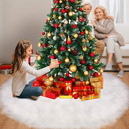 Tatuo Jupe de Sapin de Noël en Fausse Fourrure Blanc Jupes Arbre Neige pour Décorations de Vacances de Noël (120 cm)