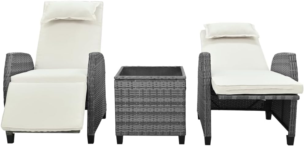 Outdoor Two-Person Rattan Chair with Coffee Table Set, Adjustable HDPE Wicker Patio Furniture for Garden, Poolside, or Balcony (Beige + HDPE)