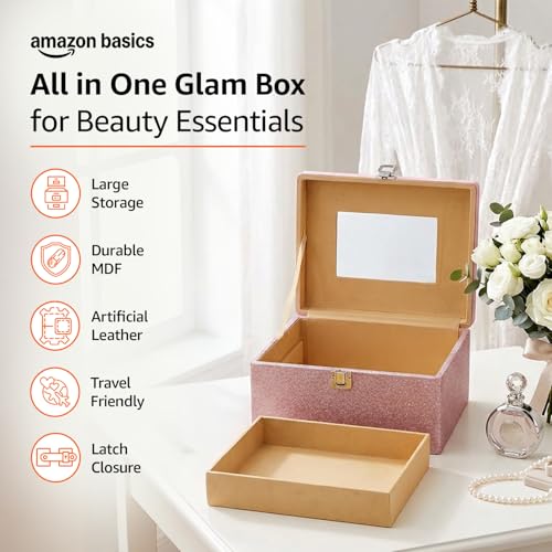 Image of Amazon Basics Bridal Vanity Box - Large Capacity Cosmetic Organizer for Women, Faux Leather & MDF Beauty Case for Makeup, Brushes, and Skincare - Stylish Travel & Home Storage, Pink