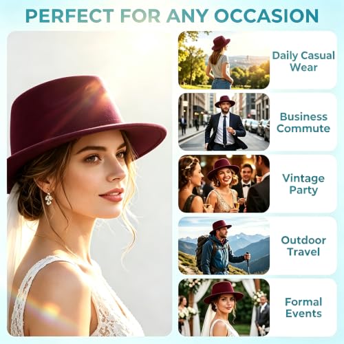 Image of Fedora Flat Hat Classic Wide Brim Cap Panama Style Jazz Hat for Wedding Party Talent Performance Xmas Gift Unisex