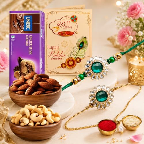 Image of AWANI TRENDS Rakhi Gift For Brother Hamper with Dry Fruits | 1 Green Rakhi and 1 Braclet | 50g Almonds | 50g Cashews | Greeting Card & Roli Chawal | Premium Raksha Bandhan Gift