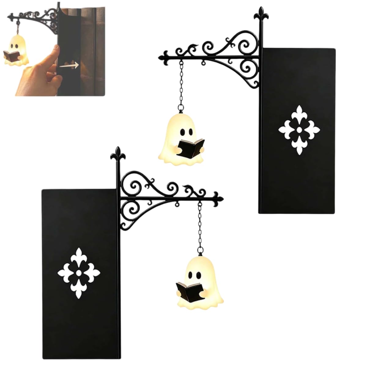 Ghost Bookshelf Lantern, Gothic Fantasy Bookshelf Decor, Library Lantern-Decorative Warm LED Hanging Nightlight, Reading Lamp, Spooky Halloween Ornament for Shelf & Indoor Tabletop Decor (2pc)