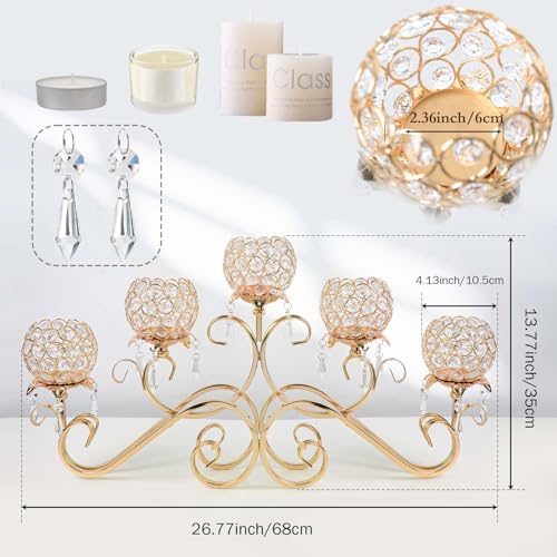Kolnlala 5 Arms Crystal Pendant Bowl Tealight Candelabra Crystal Votive Candle Holder, 5-arms Metal Tea Light Candlestick Holder for Table Centerpiece Wedding Home Decor (French Gold by kolnlala - Image 2