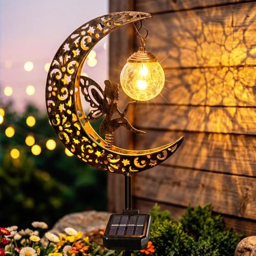 Daknswte Solar Lights Outdoor Garden LED Moon Fairy Solar Crackle Glass Globe Light Waterproof Metal Stake Garden Ornaments for Pathway Lawn Patio Decor Gifts for Women Mum Grandma
