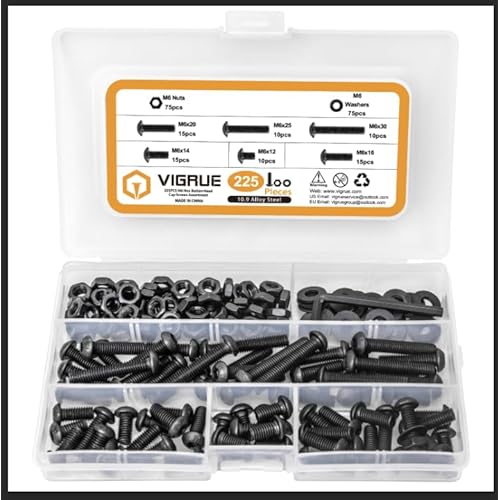 VIGRUE 225PCS M6 x 12/14/16/20/25/30mm Button Head Hex Socket Cap Screws Bolts Nuts Washer Assortment Kit, 10.9 Grade Alloy Steel Black Oxide, Fully Threaded m6 button black 12-30mm