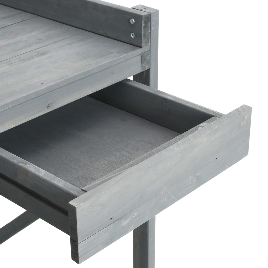 Stół na rośliny z litego drewna jodłowego z kratką, szary, 110 x 50 x 117 cm, stół na rośliny z półką, szufladą, metalowym haczykiem, uniwersalny stojak na kwiaty do ogrodu, na balkon, taras