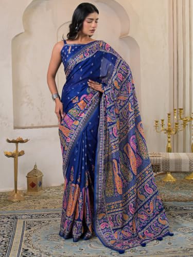 Image of SIRIL Women's Printed Silk Saree with Zari Border & Tassels