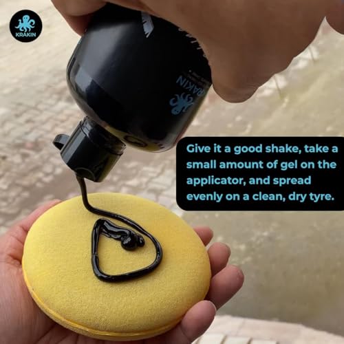 Image of KRAKIN Tyre Shine Gel (500ml) & Microfiber Combo | Gives Tyre Wet & Glossy Look | Tyre Polish for Zero Dust Attraction & Streak-Free Black Finish