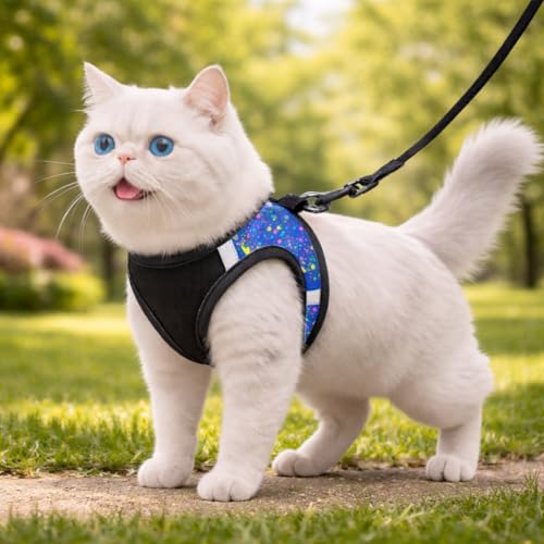 Image of Berlin's Cat Harness with Leash for Outdoor, Walking, Escape Proof, Air Mesh Fabric, Easy Control, Adjustable & Durable Cat Leash with Harness for Cats (Black-Printed Blue, Small)