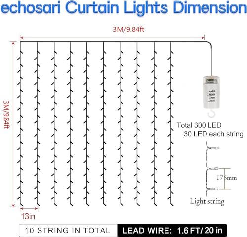echosari 9.8Ft×9.8ft Curtain Lights Battery Operated with Remote Cool White by echosari - Used condition - Image 6