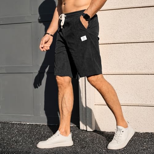 PLEPAN Mens Corduroy Shorts Casual 7 Inch Inseam Elastic Waist Drawstring Summer Beach Black Shorts Medium — view 4