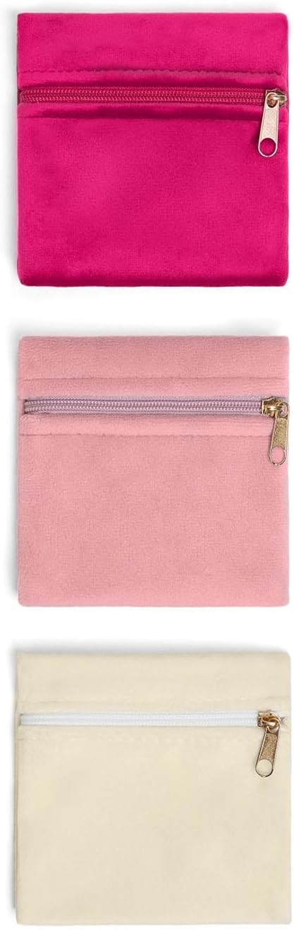 3Pcs Small Jewelry Bags Velvet Jewelry Pouches with Zipper Jewelry Organizer Cases Gift Bags for Bracelet Necklace Rings Earring,4"x4",Pink