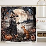 Hexen-Duschvorhang, Halloween, Fantasie, Fuchs, Kürbis, Halloween, schwarz, Polyester, wasserdicht, Toilettenstoff, Duschvorhänge für Badezimmer, Toilette, Gästezimmer, Dekoration, 157 x 183 cm