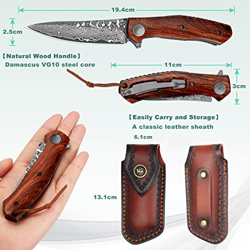 Damascus-Folding-Knife-with-Clip-Leather-Sheath-Camping-Knife-EDC-Sharp-Damascus-Pocket-Knife-Handmade-with-Liner-Lock-and-Wood-Handle-for-Outdoor-Survival-Hunting-Collection