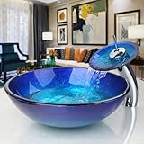 OUBONI Blue Countertop Bathroom Vessel Sink with Waterfall Faucet, Vessel Sinks,Round Glass Vessel Sink Combo,Bathroom Sink Above Counter,Modern Artistic Tempered Glass Vessel Bowl Sink