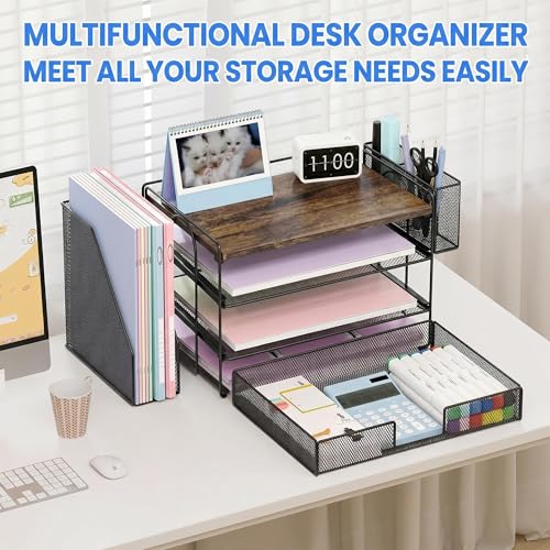 Image of OPNICE Desk Organizers and Accessories, 4-Tier Desktop File Organizer with Drawer and Pen Holders, Office Desk Accessories Workspace Organizers for Office Supplies (Brown)