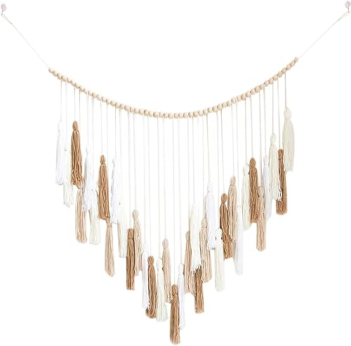 Muybien Tapiz de macramé grande para colgar en la pared 39 x 43 pulgadas diseño bohemio blanco beige caqui borla macromayo decoración de pared con