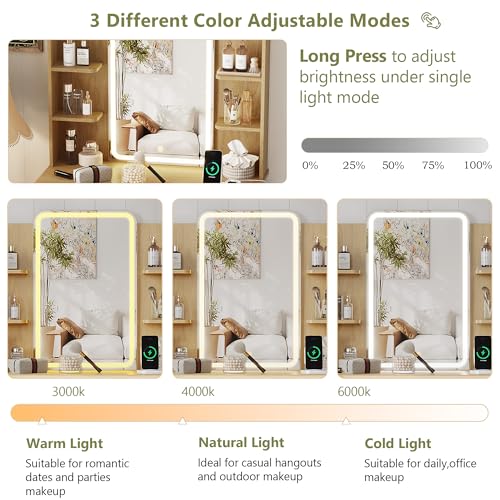 Image of Small Vanity Desk with Mirror and Lights, Makeup Vanity with LED Lighted Mirror, Fluted Vanity with Lights Desk and Chair, 3 Lighting Adjustable Dressing Table with Charging Station for Women,Girls