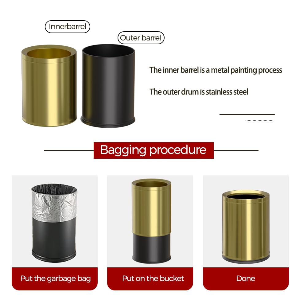 LEASYLIFE Antique Brass Bathroom Trash Can - 12L Gold Wastebasket For Office, Hotel