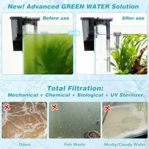 Image of Large Hang on Back Aquarium Filter w / U-V 13-Stage for 20-75 Gal Fish Tank | w / U-V Light Surface Skimmer 13-Stage Green Killing Deodorization Machine Fresh & Saltwater Crystal Clear Suspension Oxygen