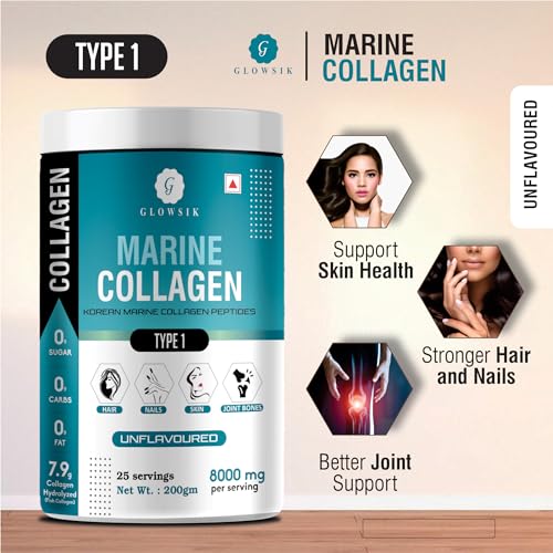 Image of Glowsik Korean Marine Collagen Powder Type 1 Hydrolyzed for Glow Healthy Skin, Hair Collagen Peptides Supplement for Women & Men (Unflavoured - 400 g)