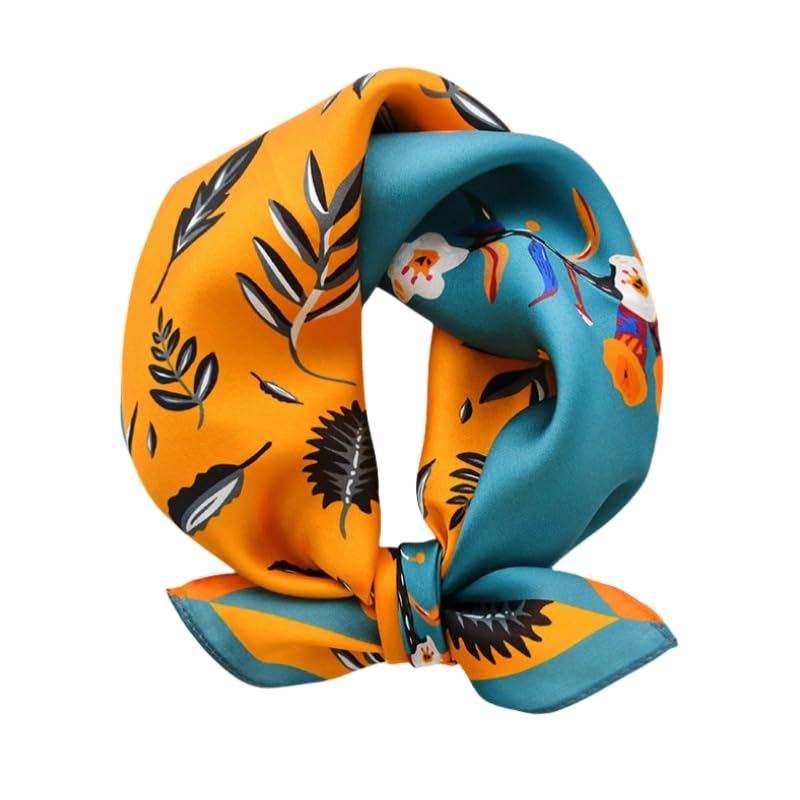 Foulard carré en 100% soie pour femme avec élégant motif de feuilles jaunes