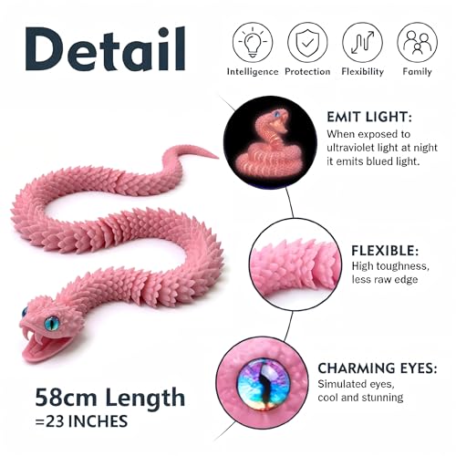 Image of 3D Printed Pink Viper Snake, 23 inch Glow in the Dark Articulated Snake Sculpture with Movable Jaw & Fangs, PLA Desk Decor for Display Shelves & Adult Collectors