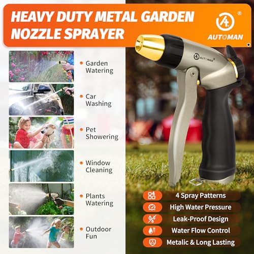 Image of AUTOMAN Garden Hose Nozzle - 100% Metal High Pressure Spray Nozzle, Adjustable Spray Patterns,Labor-Saving,Heavy Duty Water Hose Nozzle for Garden Watering, Car Washing, Window Cleaning,Pets Showering