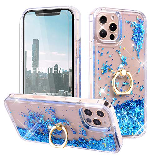 Feyten Coque pour iPhone 12 Pro Max avec Verre Trempé [Lot de 2],Shiny Étincelle Glitter Liquide Paillette 3D Housse Étui Anneau Stand Support pour iPhone 12 Pro Max (6,7 Pouces) (Bleu) Cover