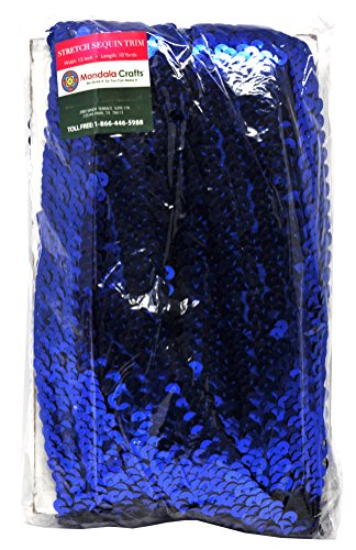 Mandala Crafts Elastic Sequin Ribbon Trim - 1.5 Inch Blue Sequin Elastic Trim For Sewing Dress Headband - 10 Yards Fabric Metallic Stretch Sequins Band #TOP3