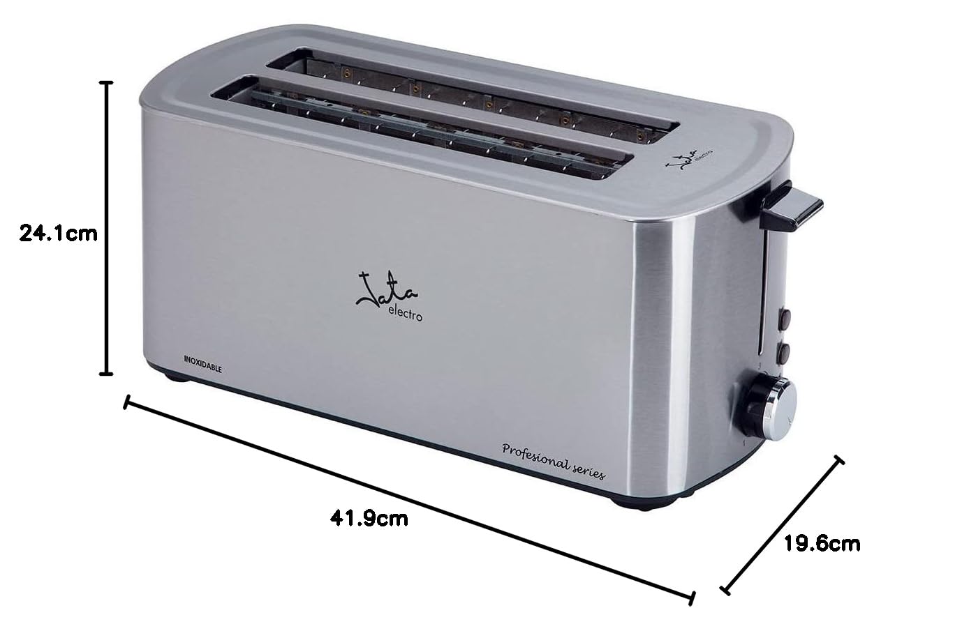 Jata TT1046 - Tostadora Inox de Ranura Larga Doble 1400W, Tostador de Pan con Descongelación y Recalentado, 5 Niveles de Tostado, Acero Inoxidable, Bandeja Recogemigas