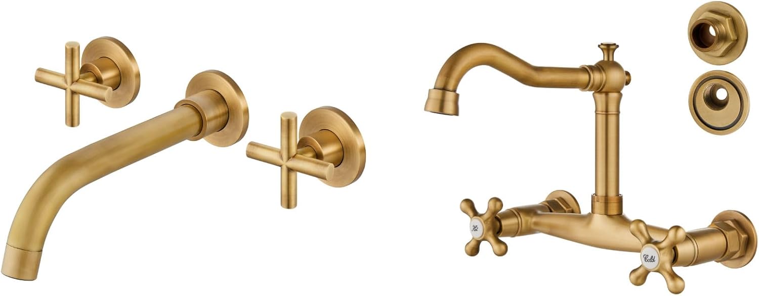 Airuida Solid Brass Antique Brass Widespread Wall Mount Bathroom Faucet with 360 Swivel Spout Antique Brass Wall Mount Commercial Sink Faucet Wall Mounted Kitchen Faucet 360 Rotatable Spout