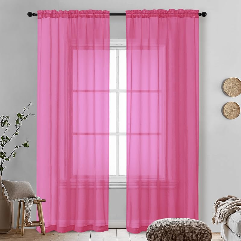 Image of OVZME Hot Pink Sheer Curtains 90 Inches Long 2 Panels - Soft Light Filtering Window Sheer Panels for Living Room /Bedroom, Top Dual Rod Pocket, 1 Pair, Each 42Wx90L Inches