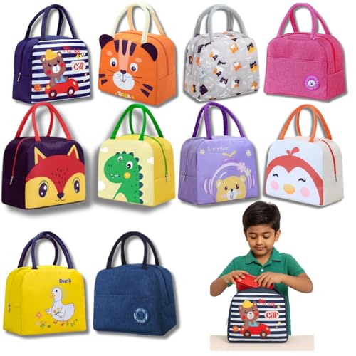 Image of 10 Piece Insulated Lunch Bag for Kids - School Tiffin Bag - Tiffin Bag for Office - Storage Bag - Birthday Party Return Gifts - Return Gift for Kids in Bulk - Pack of 10 (Assorted)