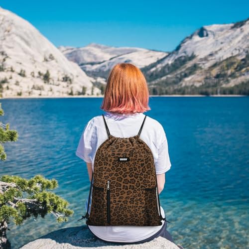 Image of WANDF Drawstring Backpack Sports Gym Sackpack with Mesh Pockets Water Resistant String Bag for Women Men (Brown Leopard)