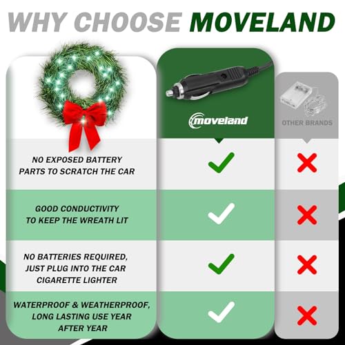 moveland LED Car Wreath with Red Bow - 12V Plug-in Wreath Lighting for Golf Carts Jeeps Trucks SUVs(11 Inch Artificial)
