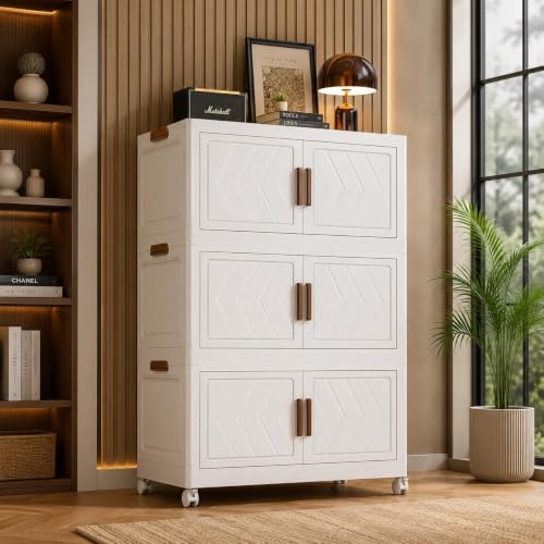 Image of Plastic Wardrobe for Kids Clothes with Wheels | Multipurpose Collapsible Wardrobe Storage Almirah Wardrobe for Clothes, Kitchen Cupboard | Plastic Cupboard for Kids for Home (Lvory, 3-Tier)