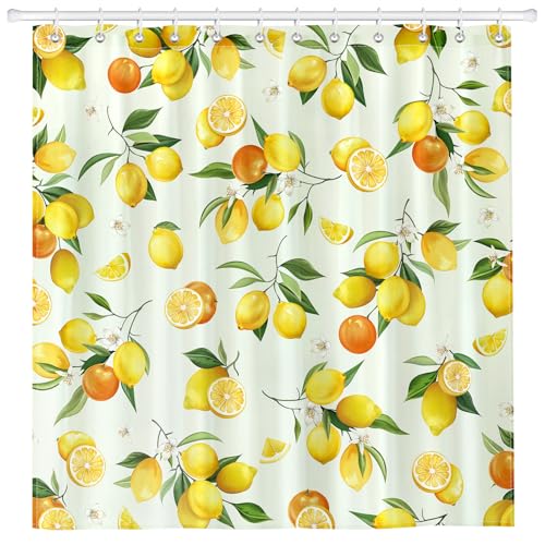 Arquiel Duschvorhang Zitrone Waschbar 182X182 cm Polyester Badezimmervorhang Dekor Frühling Sommer Blätter für Bad Dusche Badezimmer Mit 12 Ösen & Ringen