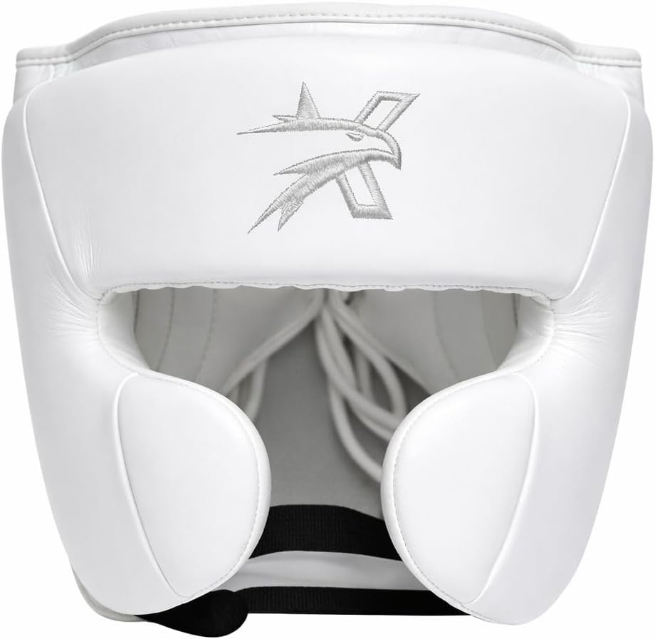 Premium Grain Leather Boxing Headgear Open Face with Cheek Protection, Full Face 360 View, Shock Absorbing Padding, Adjustable Sparring Helmet for Boxing MMA Muay Thai Kickboxing