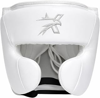 Premium Grain Leather Boxing Headgear Open Face with Cheek Protection, Full Face 360 View, Shock Absorbing Padding, Adjustable Sparring Helmet for Boxing MMA Muay Thai Kickboxing